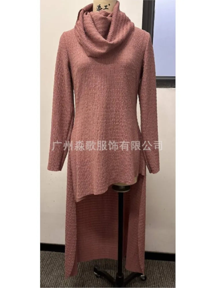 Elegance Heaps Collar Loose Dress For Woman Fashion Irregular Hem Long Sleeves Casual Dresses Spring Autumn Lady Solid Vestidos