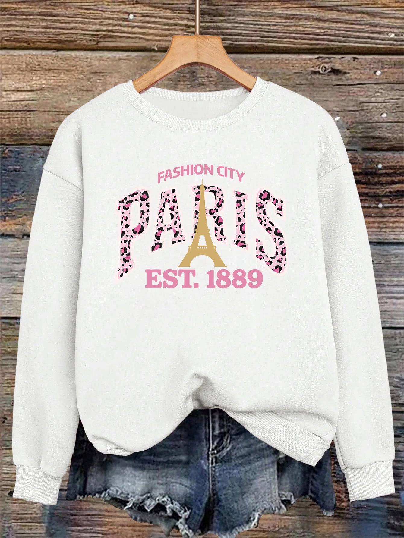 Pink Leopard Print Paris 1889 Pattern Woman Pullovers Autumn Crewneck Sweatshirt Casual Loose Clothing Fleece Hip Hop Sportswear