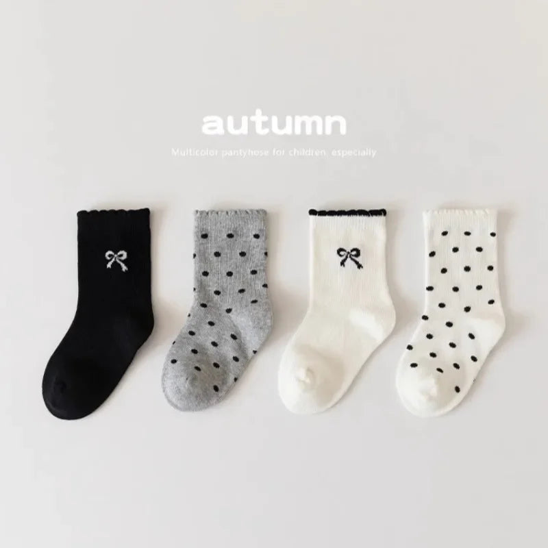 4pair/set Cute Korean Fashion Calf Sock for Kids Girl Sweet Bow Dot Style Princess Children Sock Spring Summer Soft Cotton Sock