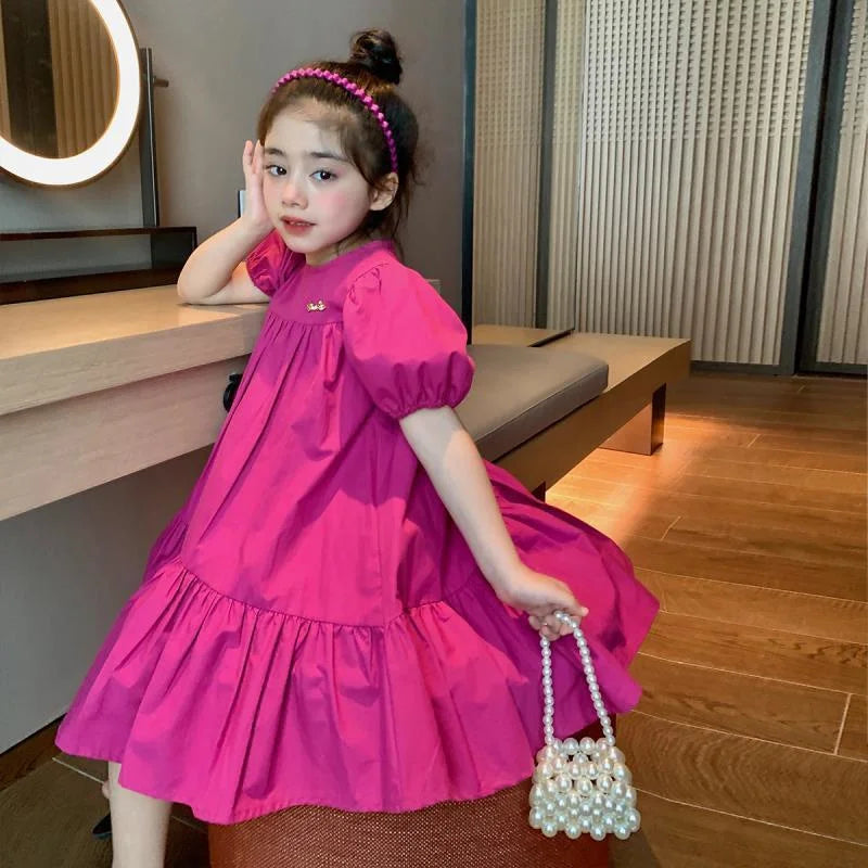 Summer Girls Dress Spring Children Sweet Princess Gown Kids Casual Short-sleeve Vestidos Baby Girl Solid Color Clothing Dresses