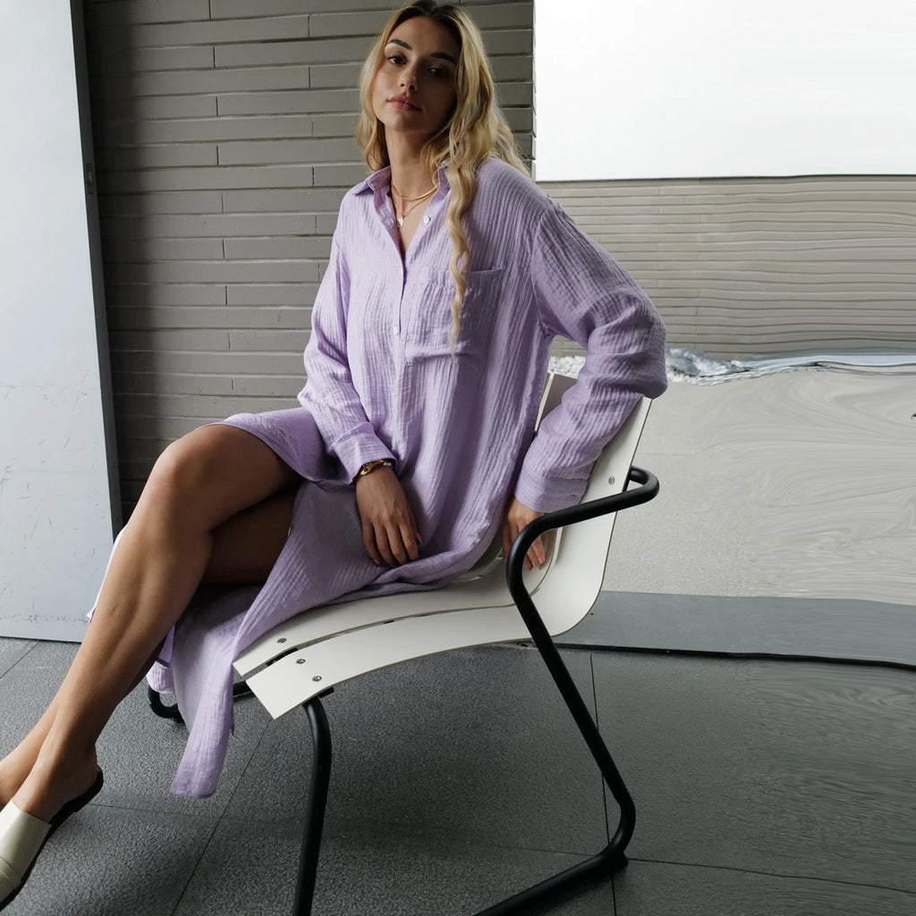 New Design 2025 Women Summer Long sleeve Basic Shirt Maxi Long dress