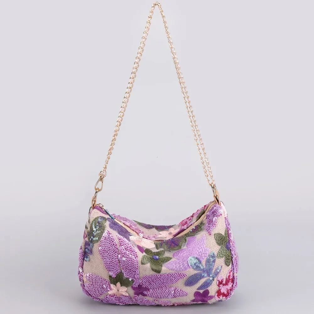 Cute Flower Embroidery Women Shoulder Bags Fashion Sequin Chains Crossbody Bag Summer Casual Beach Bag Hobos Handbag and Purse