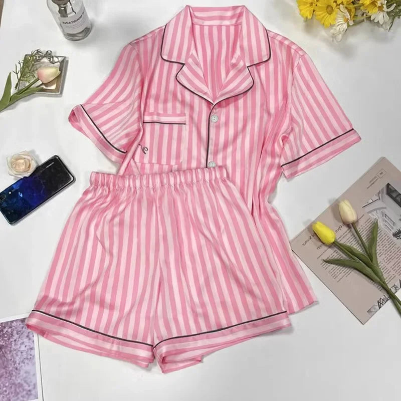 Women Summer Pajamas Short-Sleeved Lapels and High-Quality Pink Striped NightWear Loungewear Two-Piece Set ladies sleepwear