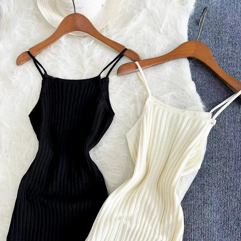 2024 Summer Knitted Bodycon Sexy Dress 2024 Sleeveless Ruffled Party Sundress High Street Elastic Slim Maxi Long  Dress