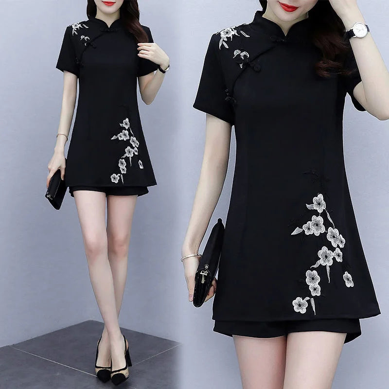 Women's Suit Chinese Style Clothes Two Piece Sets 2025 Summer New Crop Top And Shorts Retro Cheongsam Outfits Matching For Women