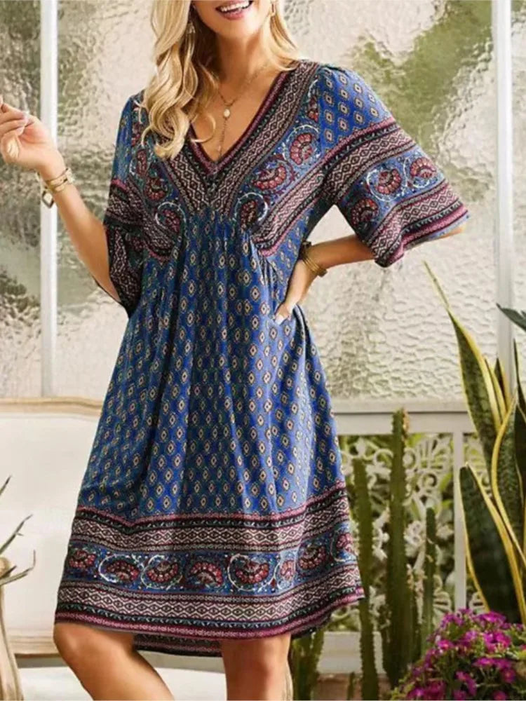 Bohemian Vintage Printed Dress Women's V-Neck Short Sleeved Mini Dresses Elegant Summer Casual Loose Party Dress Robe Femme
