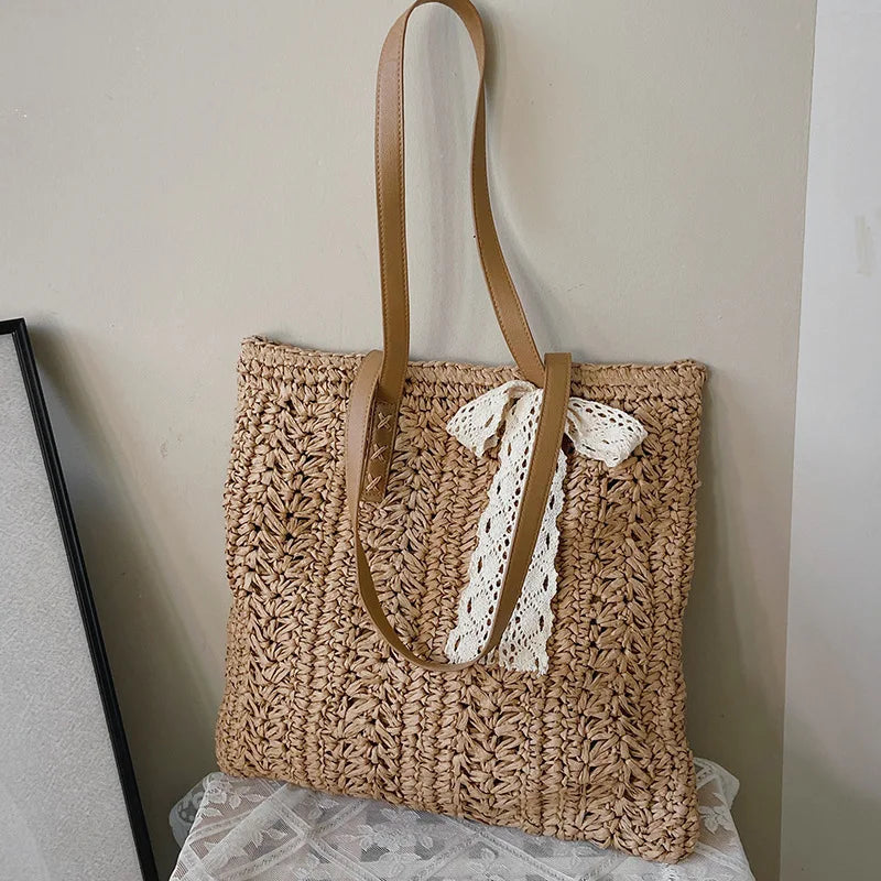 Square Hollow Straw Beach Bag Handmade Woven Shoulder Bag