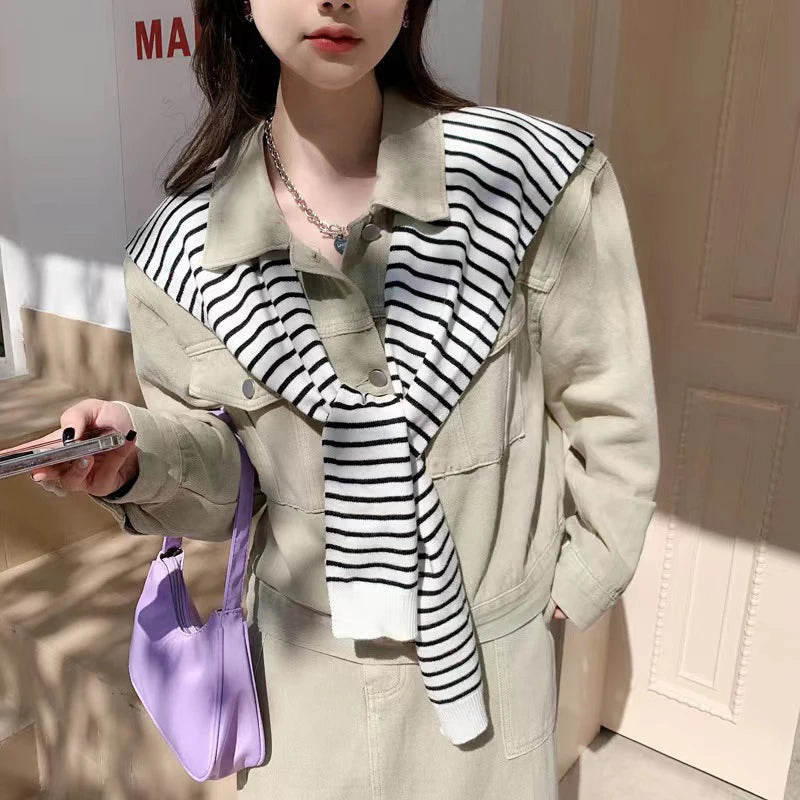 Women Blouse Shoulders Korean Style Knitted Shawl Fake Collar Cape Knotted Scarf Stripe Neck Guard Scarve Clothes Decoration