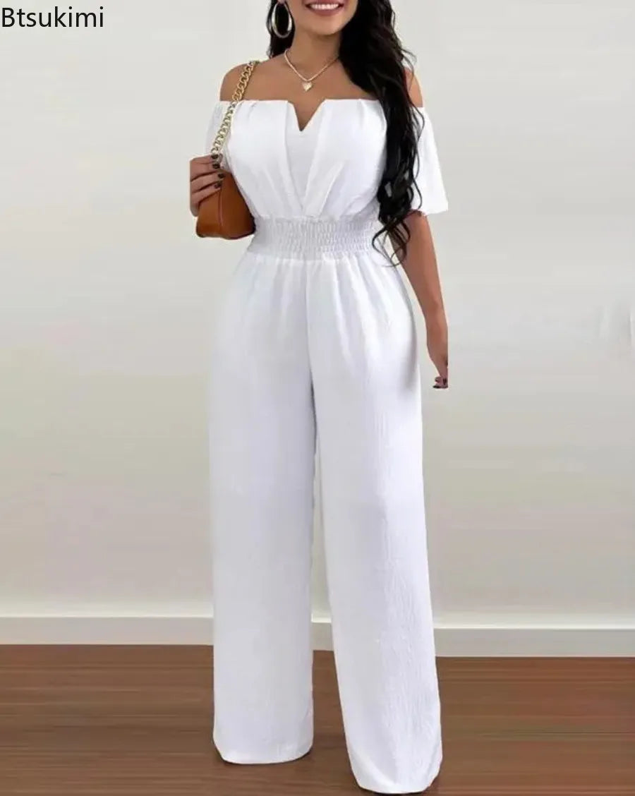2026 Jumpsuits for Women Summer Fashion Off Shoulder Casual Short Sleeve Wide Leg Rompers Sexy Slim Ladies Overalls Streetwear