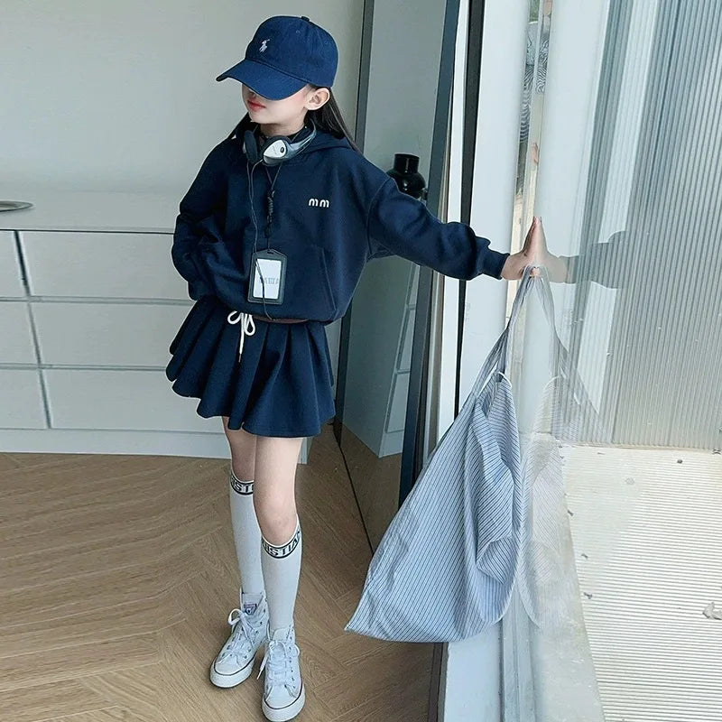 UNITIM 2026 Spring Kids Girls Hoodie Set Children Girls Long Sleeve Top+Pleated Skirt Two Piece Suits Casual Teens Girls Outfits
