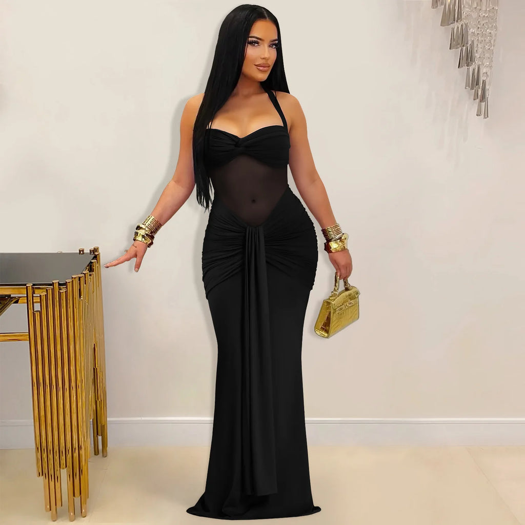 CM.YAYA Women Off Shoulder Halter Lace Up Ruched Bodycon Maxi Dress 2026 Birthday Evening Sexy Party Long Dresses Vestidos