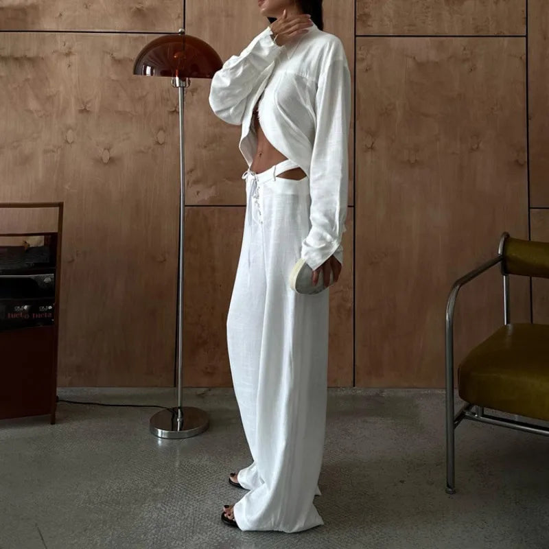 INS Loose Tracksuit Elegant Women Trousres Set Y2K Outfits Long Sleeve Irregular Blouse Top Lace Up Wide Leg Pants Two Piece Set