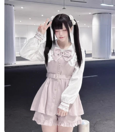 Japanese Style Mine Mass-Produced Girls JK Shorts Set New Autumn Sweet Women Short Sleeve Lace Bow Shirt and Shorts Outfits