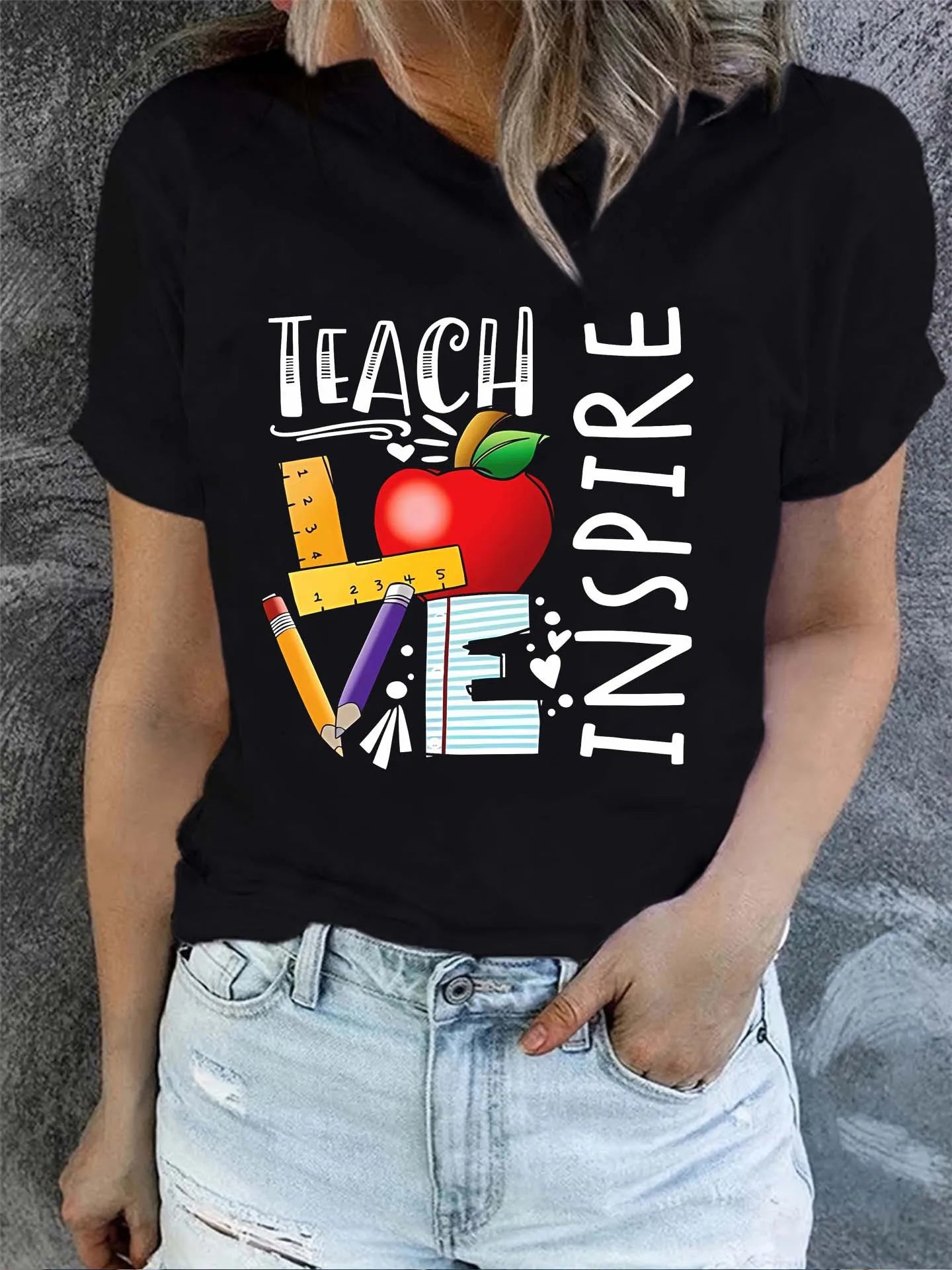 Teacher Letter Print Short Sleeve T-shirts Crew Neck Casual Top For Summer  Spring Women's Clothing Classic Design Casual Trend