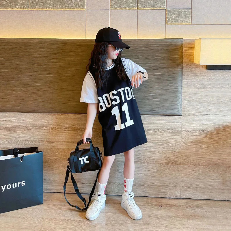 2026 Summer Girls Long T-shirt Dress Korean Cotton Short Sleeved Children Patchwork Letter Casual 6 8 10 12 14 Year Kids Tops