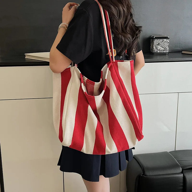 Summer Stripe Canvas Tote Bag Female Casual Large Capcity Simple Shoulder Bags Shopping Handbag Daily Totes Bag