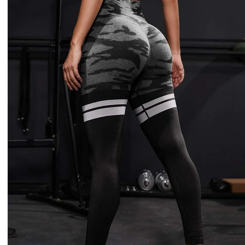 Striped Camo Leggings Women Seamless Knit Tights High Waist Hip Liftting Workout Running Slim Yoga Fitness Sportswear Yoga Pants