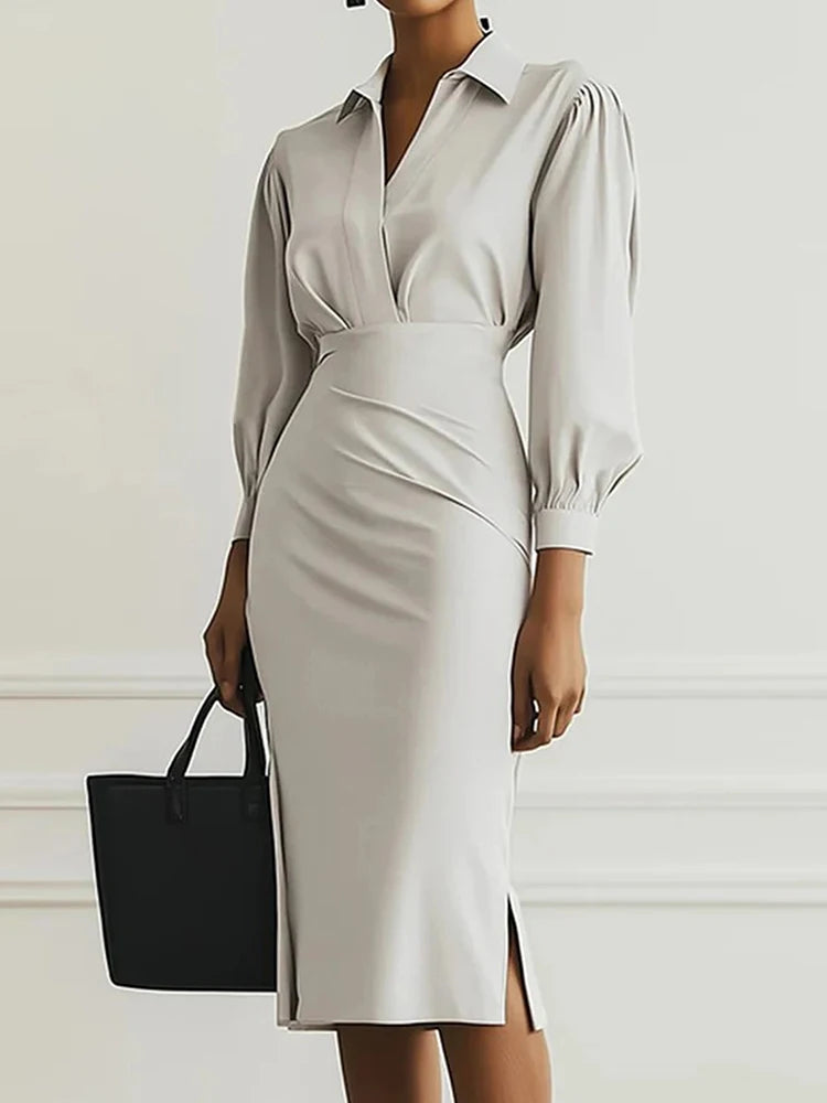 Spring Summer Puff Sleeve Simple Maxi Dress, Women Holiday Solid Patchwork Chic Party Dress, 2025 New V Neck Casual Ladies Dress