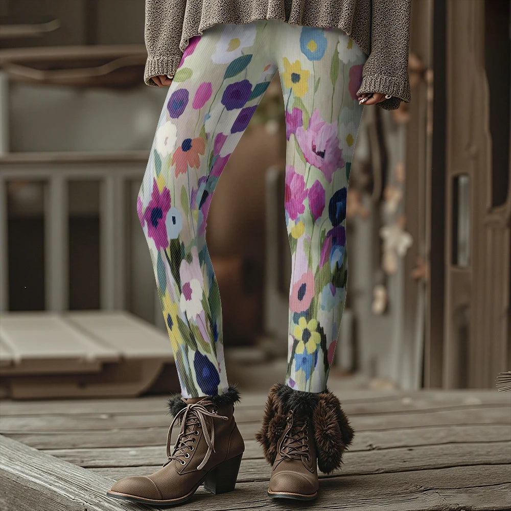 Colorful Blooming Flowers Pattern Women's Leggings Autumn Winter Warm Fashion Tights Stylish Outdoor Look Fashion Streetwear
