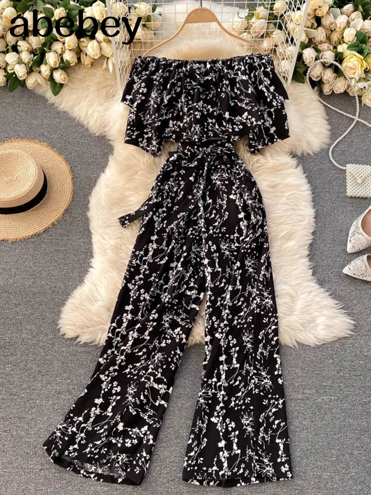 Women Jumpsuit Rompers Summer Casual Floral Print Off Shoulder Ruffles Lace-up Sashes Wide Leg Holidays Loose Jumpsuits