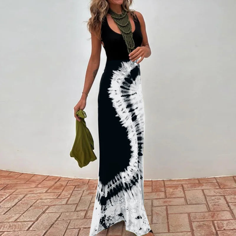 Summer Women Sleeveless Holiday Maxi Dress, Hollow Sexy Patchwork Party Dress, 2025 Printed Fashion Simple Ladies Dress Vestidos