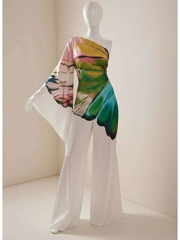 Women's Elegant Jumpsuit One-shoulder Flared Sleeves Wide Leg One-piece Suit 2025 Summer Stylish Butterfly Print Rompers