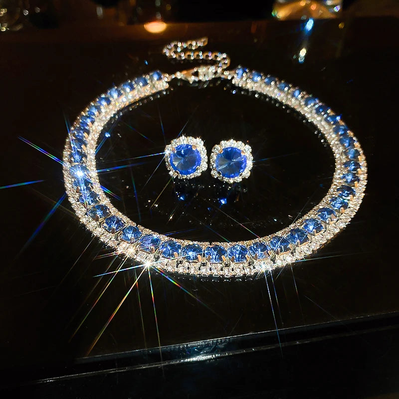 Luxury Green Rhinestone Necklace Stud Earrings For Women Crystal Choker Necklaces Ladies Fashion Weddings Banquet Jewelry Set K
