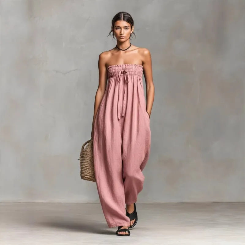 Elegant Sexy Off Shoulder Jumpsuit Women 2026 Summer Ruched Lace-up Sleeveless Backless Romper Casual Wide Leg Pocket Overalls
