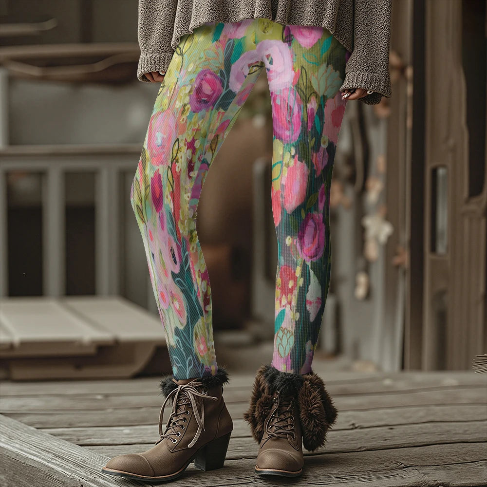 Colorful Blooming Flowers Pattern Women's Leggings Autumn Winter Warm Fashion Tights Stylish Outdoor Look Fashion Streetwear