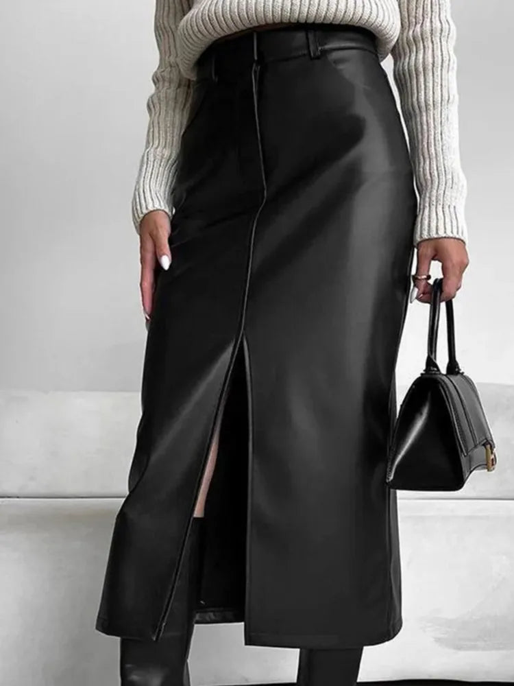Leather Skirt High Waist Women Front Slit Spring Autumn Long Skirt High Waisted Office Lady Slim Skirts Elegant Ropa De Mujer
