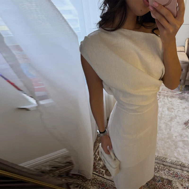 Elegant Off Shoulder Pleated Long Dress Slim Slash Neck Sleeveless Female Party Dresses 2026 Summer Autumn Lady Chic Solid Robes