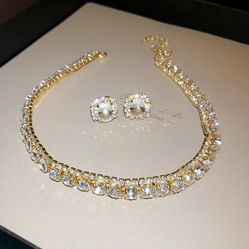 Luxury Green Rhinestone Necklace Stud Earrings For Women Crystal Choker Necklaces Ladies Fashion Weddings Banquet Jewelry Set K