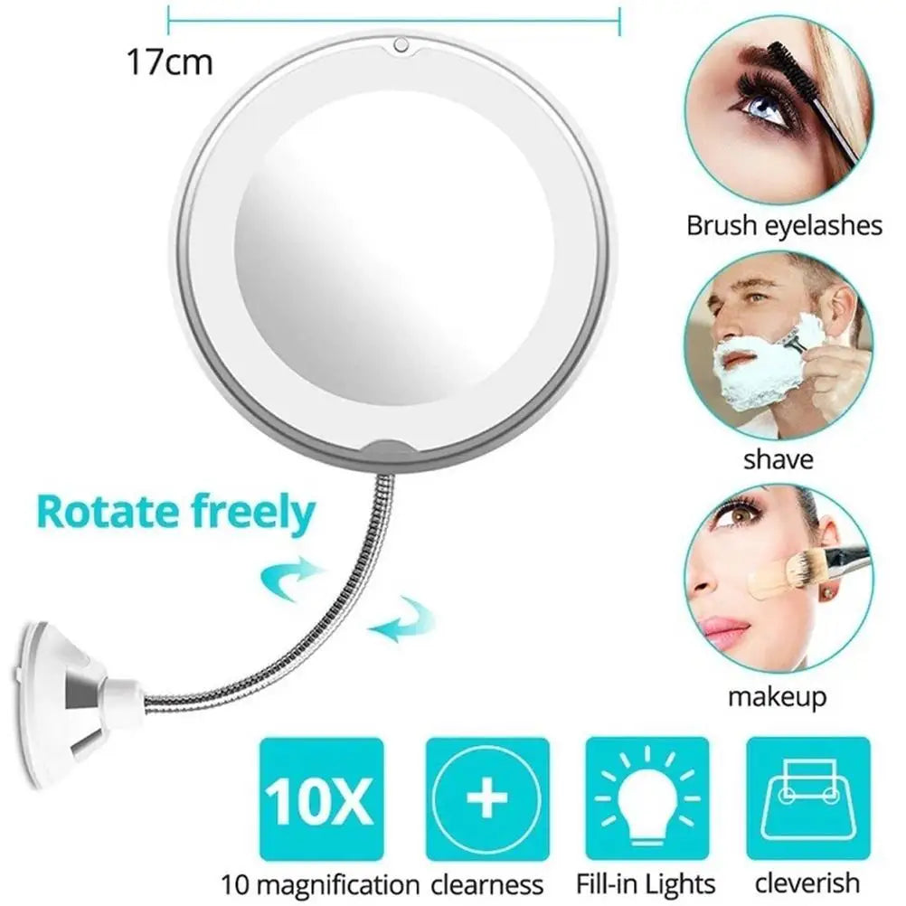 Flexible Gooseneck Makeup Mirror with LED Light 10X Magnifying Mirror Suction Cup Bright Diffused Light And 360 Degree Swivel