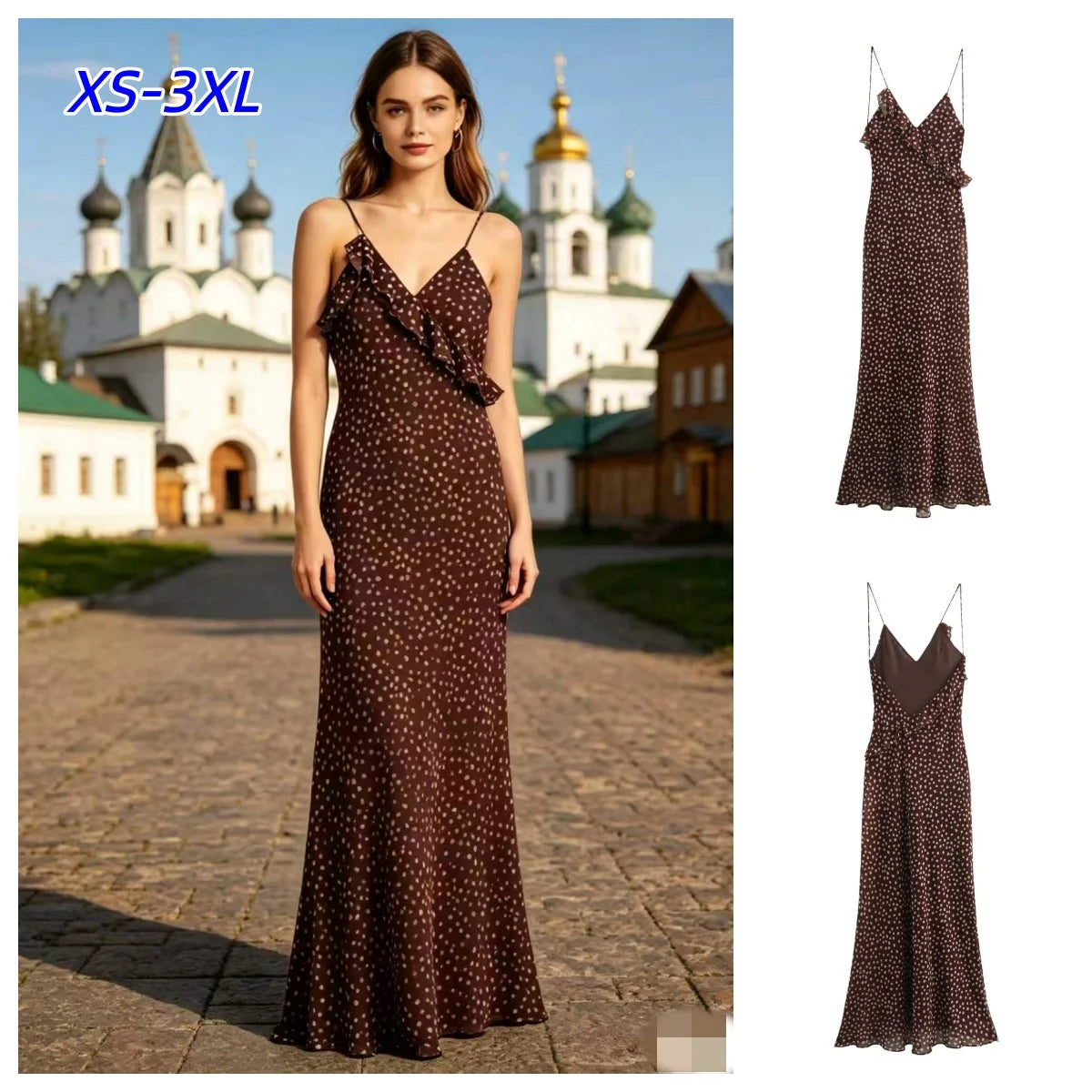 Women's Clothing European And American Style Fashionable Simple Layered Decoration Polka Dot Sleeveless Suspender Retro Dresses