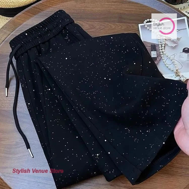 American style black all over the sky rhinestone wide-leg pants women's summer new fashion high waist straight casual pants.