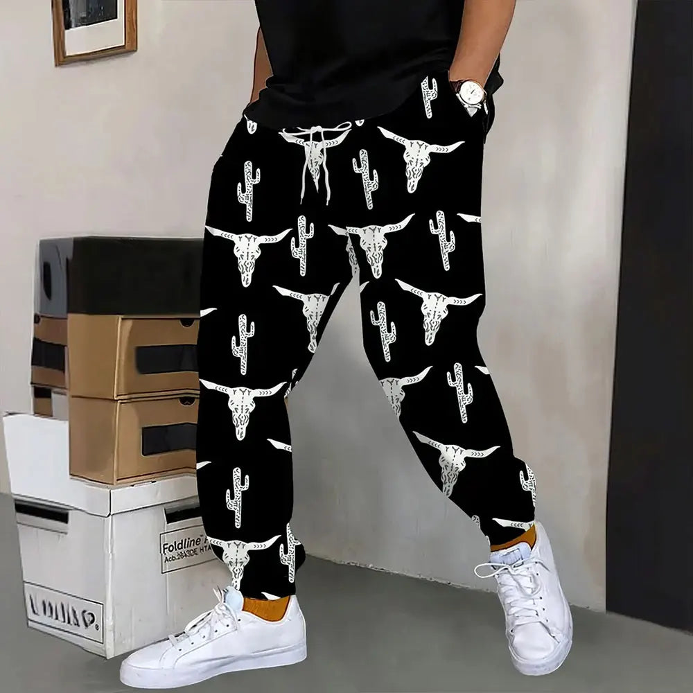 Men's Loose Pocket Draw Rope Sports Sweatpants Winter New Thick Warm Men's Sweatpants Fashion Color Skull Printed Sweatpants