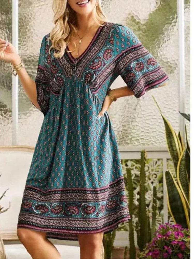 Bohemian Vintage Printed Dress Women's V-Neck Short Sleeved Mini Dresses Elegant Summer Casual Loose Party Dress Robe Femme