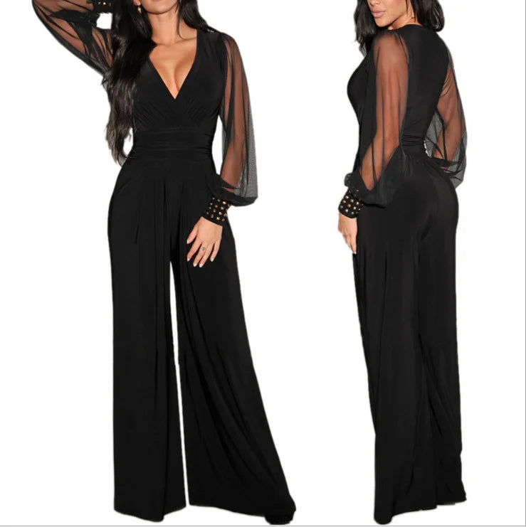 Spring Summer Fashion Sexy Women's Jumpsuit Elegant Solid Color Deep V Neck Lace Lantern Sleeves Splicing Rivet Slim Jumpsuits