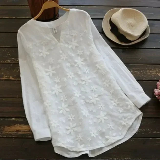 Women Lace Long Sleeve Tops V Neck Embroidery Loose