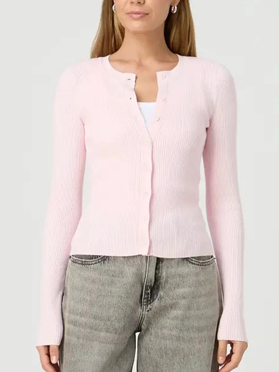 Women's Ribbed Cardigan Tops Spring Fall Solid Color Long Sleeve Round Neck Button Up Cropped Sweaters Female Casual Pullovers
