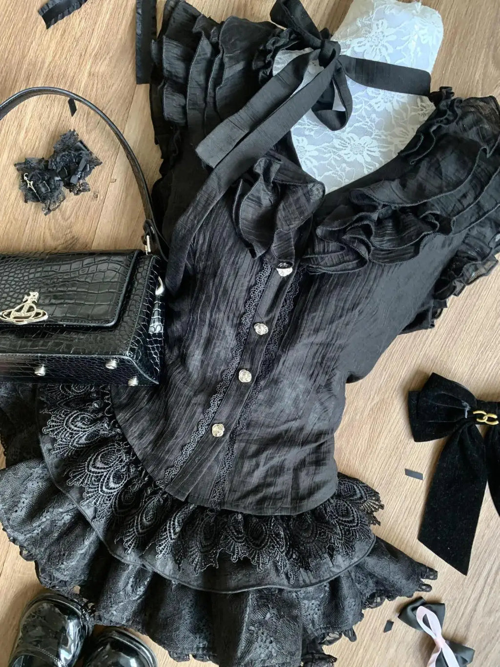 Japanese Subculture Gothic Black 2 Piece Set Women Ruffle Design Top + Mini Cake Skirt New Vintage Slim Sweet JK Y2K Outfits