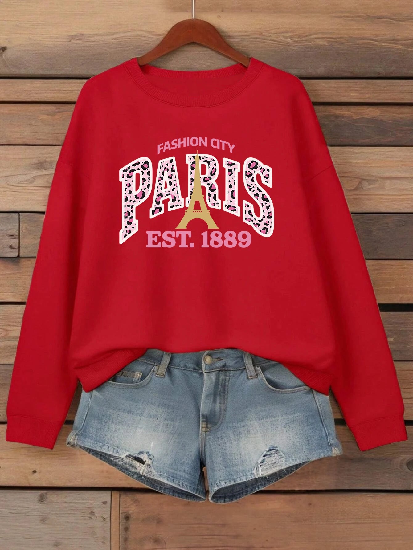 Pink Leopard Print Paris 1889 Pattern Woman Pullovers Autumn Crewneck Sweatshirt Casual Loose Clothing Fleece Hip Hop Sportswear