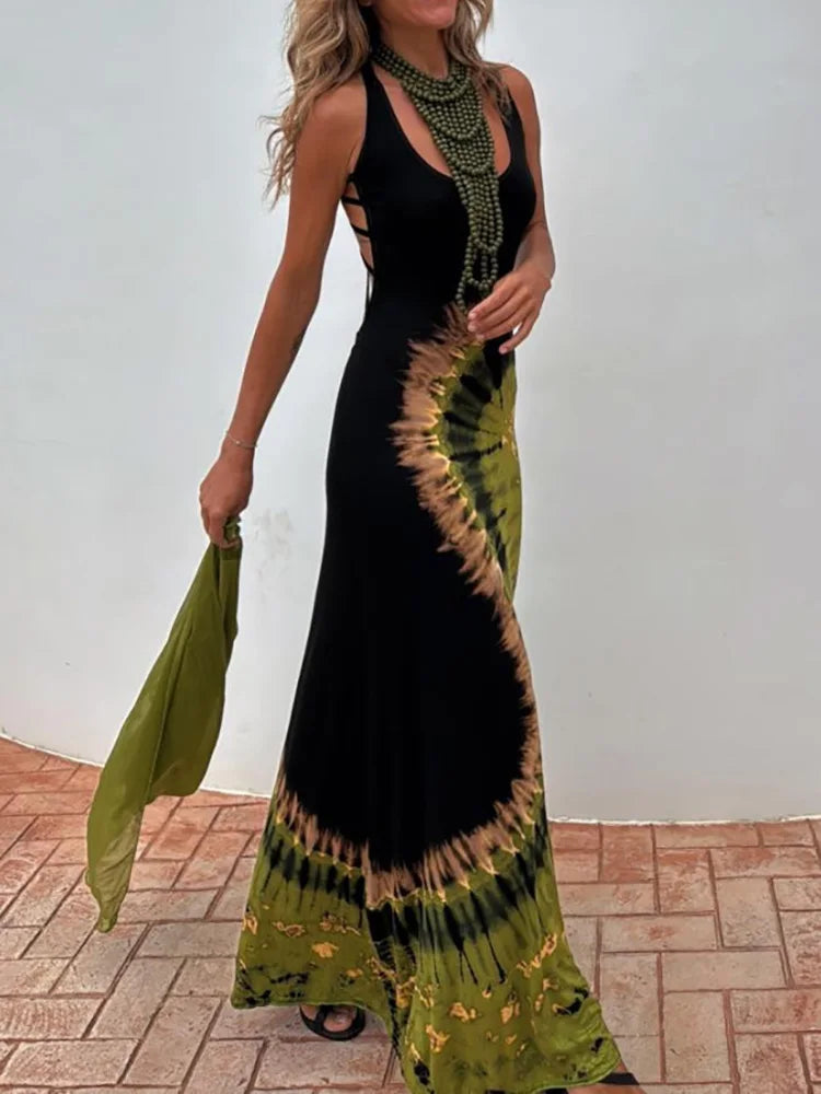Summer Women Sleeveless Holiday Maxi Dress, Hollow Sexy Patchwork Party Dress, 2025 Printed Fashion Simple Ladies Dress Vestidos