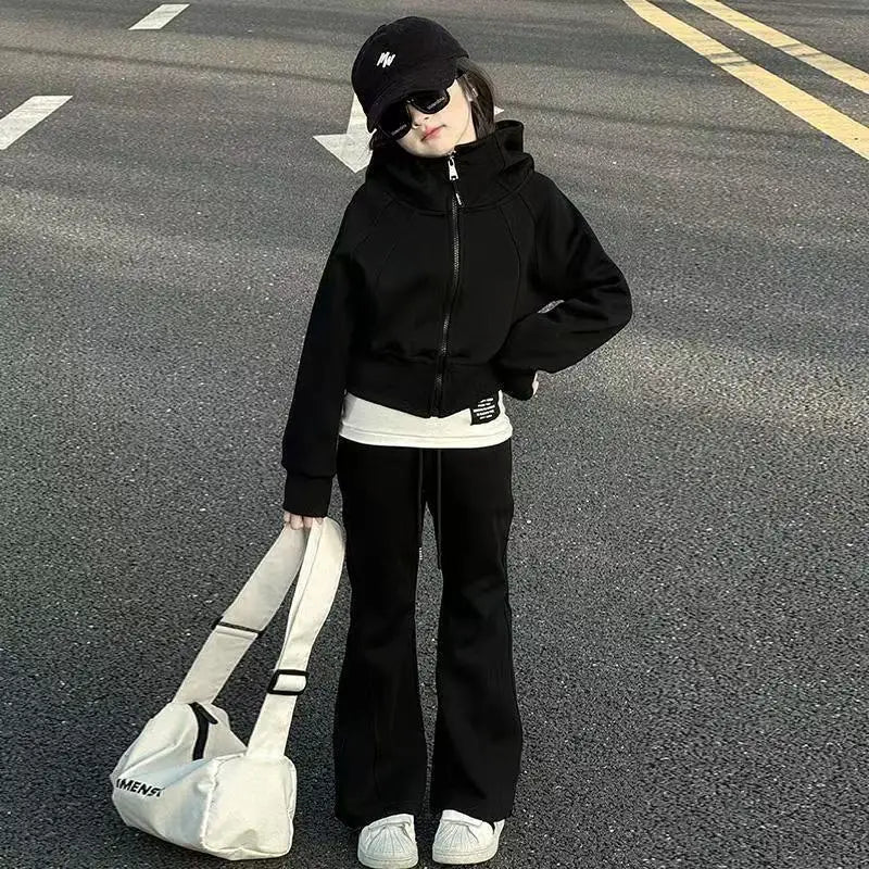 2026 winter spring teenager kids girl Children set Clothes crop top Hooded + black Straight pants 4 6 7 8 9 10 11 12 14 15 Year