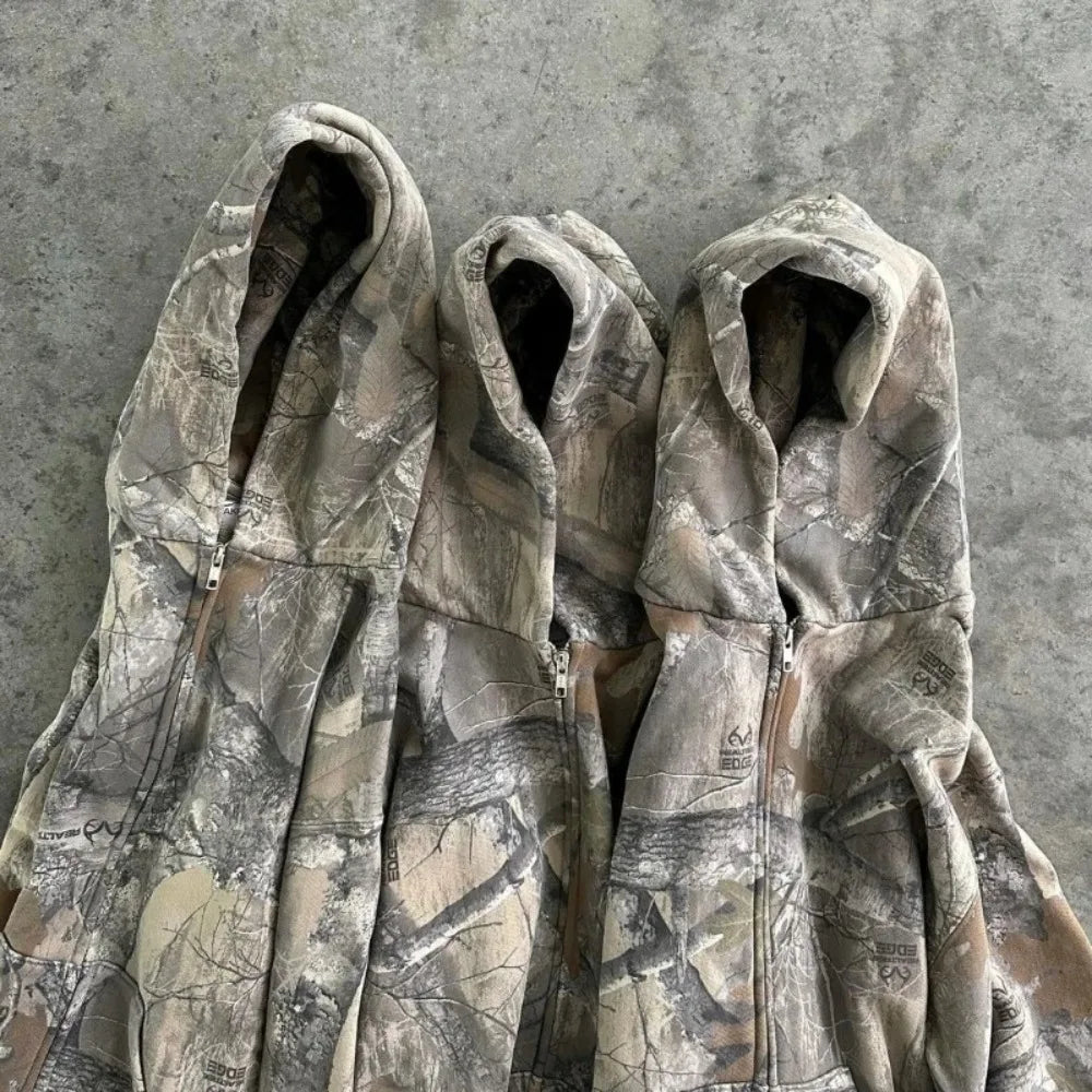 Sweatshirt Hoodie Y2K Retro zip up Camouflage Pattern zipper High Street Hip Hop Streetwear Oversized Unisex Camo Hoodie