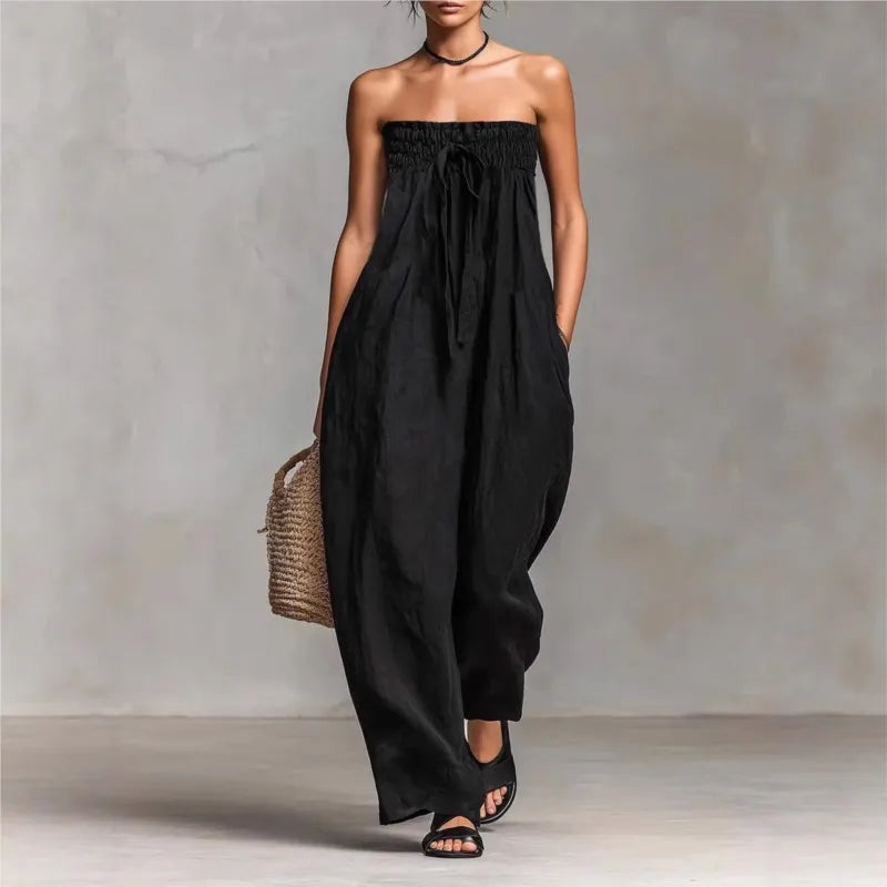 Elegant Sexy Off Shoulder Jumpsuit Women 2026 Summer Ruched Lace-up Sleeveless Backless Romper Casual Wide Leg Pocket Overalls