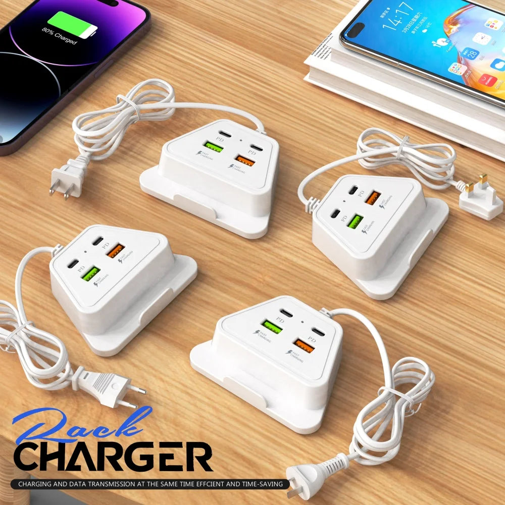 4 in 1 Desktop Charging Station 2PD 2USB Fast Charger Power Strip with EU UK US Plug USB Hub Adapter Socket for Multiple Devices