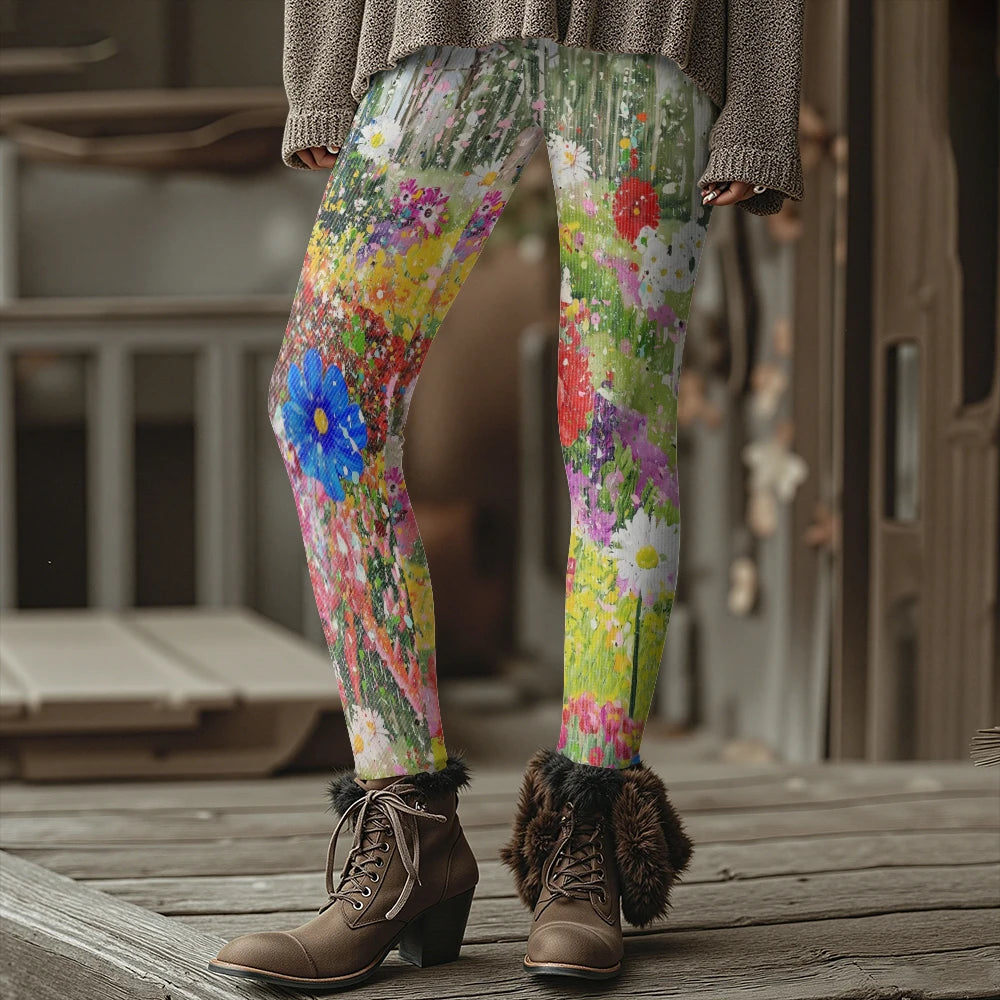 Colorful Blooming Flowers Pattern Women's Leggings Autumn Winter Warm Fashion Tights Stylish Outdoor Look Fashion Streetwear