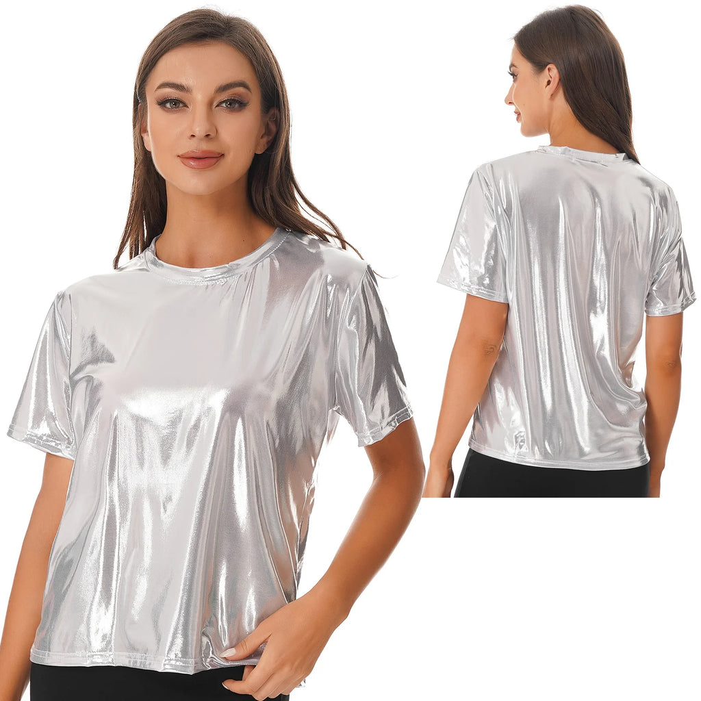 Women Shiny Metallic Silver Short Sleeve T-shirt Sexy Round Neck Glossy Solid Color Tops for Dance Party Rave Festival Clubwear