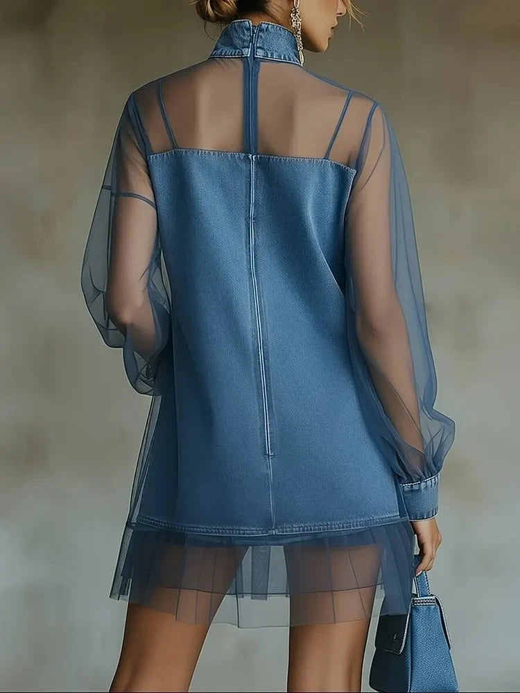 Denim Mini Dress For Women Fashion Turtleneck Tulle Denim Patchwork Long Sleeve See Through Loose Party Dresses Femme Vestidos